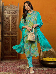 Women Blue Cotton Blend Printed Straight Kurta Pant Set With Dupatta-PKSKD2441