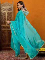 Women Blue Cotton Blend Printed Straight Kurta Pant Set With Dupatta-PKSKD2441