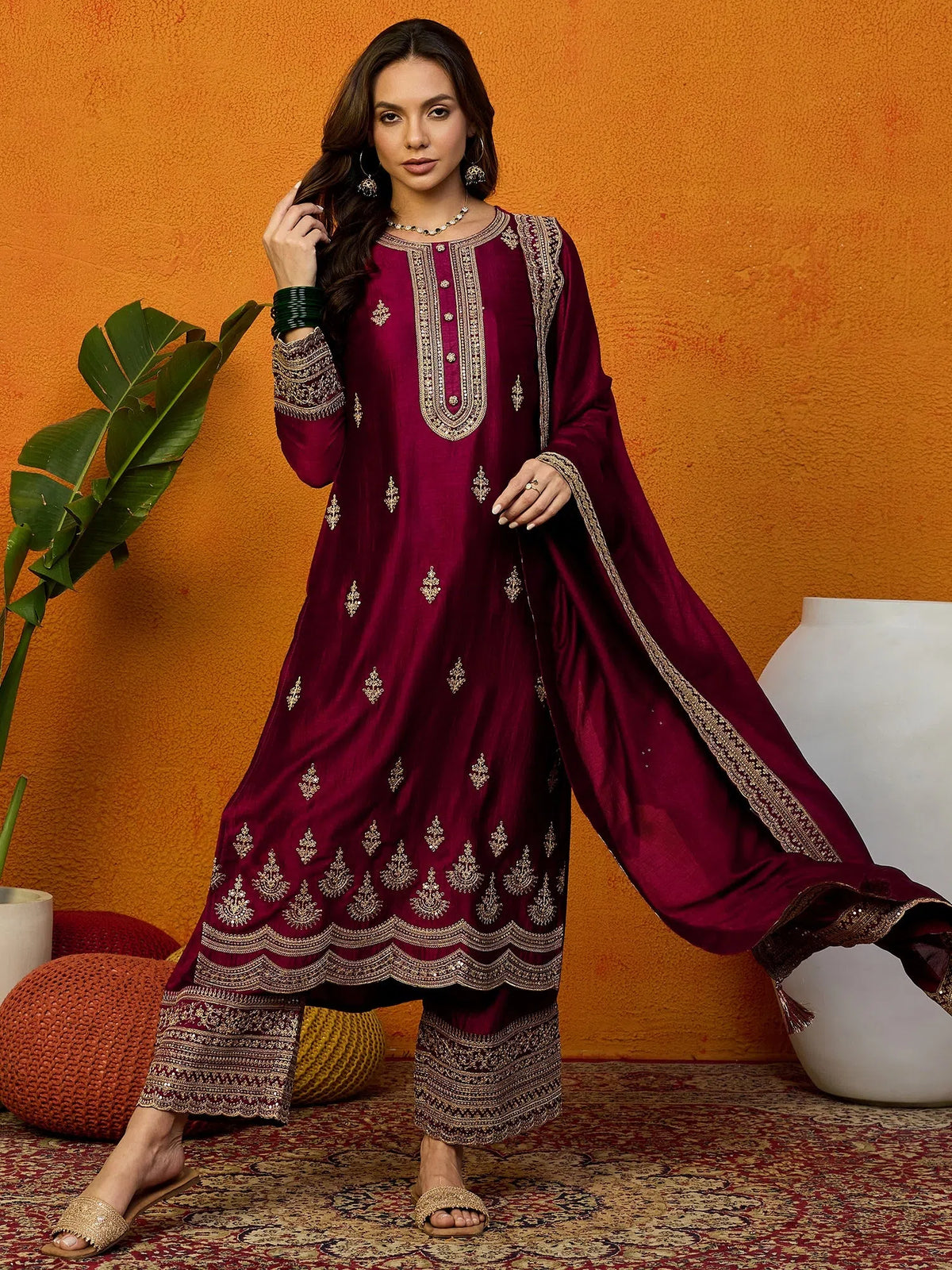 Women Maroon Silk Blend Embroidered Straight Kurta Palazzo Set With Dupatta