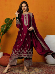 Women Maroon Silk Blend Embroidered Straight Kurta Palazzo Set With Dupatta