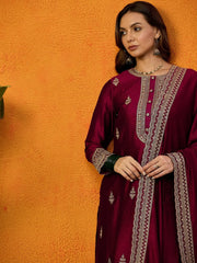 Women Maroon Silk Blend Embroidered Straight Kurta Palazzo Set With Dupatta