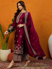 Women Maroon Silk Blend Embroidered Straight Kurta Palazzo Set With Dupatta