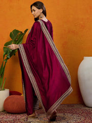 Women Maroon Silk Blend Embroidered Straight Kurta Palazzo Set With Dupatta