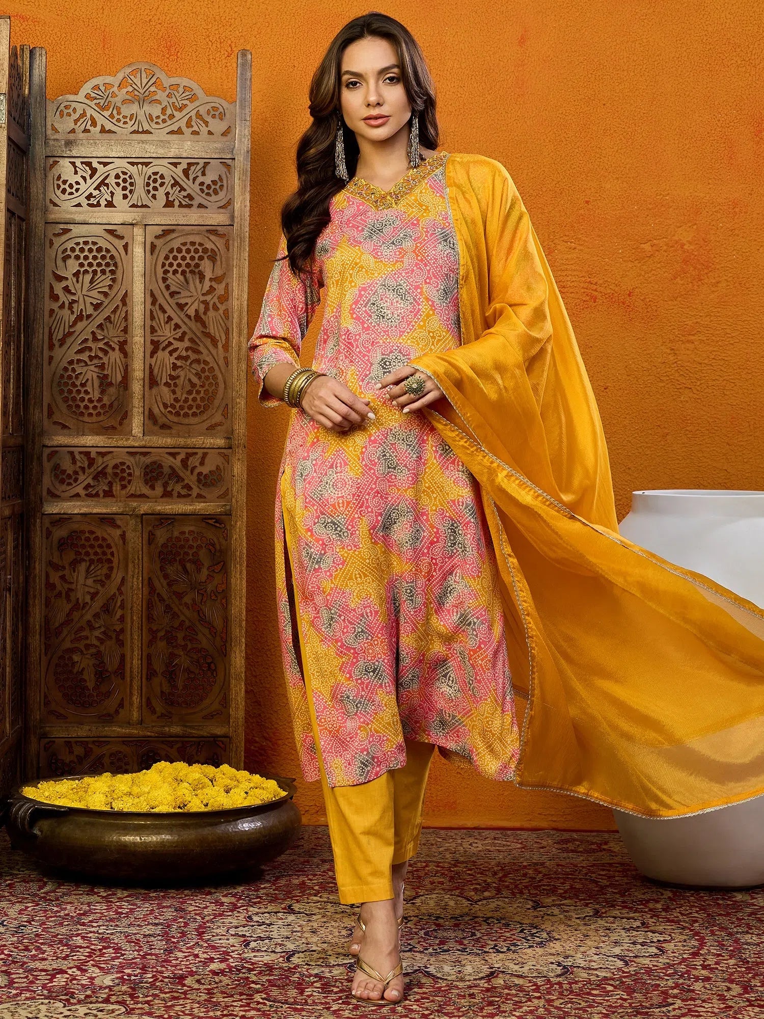 Yellow Cotton Blend Kurta Pant Set with Dupatta | Women's
