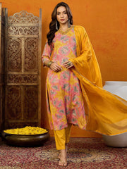 Women Yellow Cotton Blend Printed Straight Kurta Pant Set With Dupatta