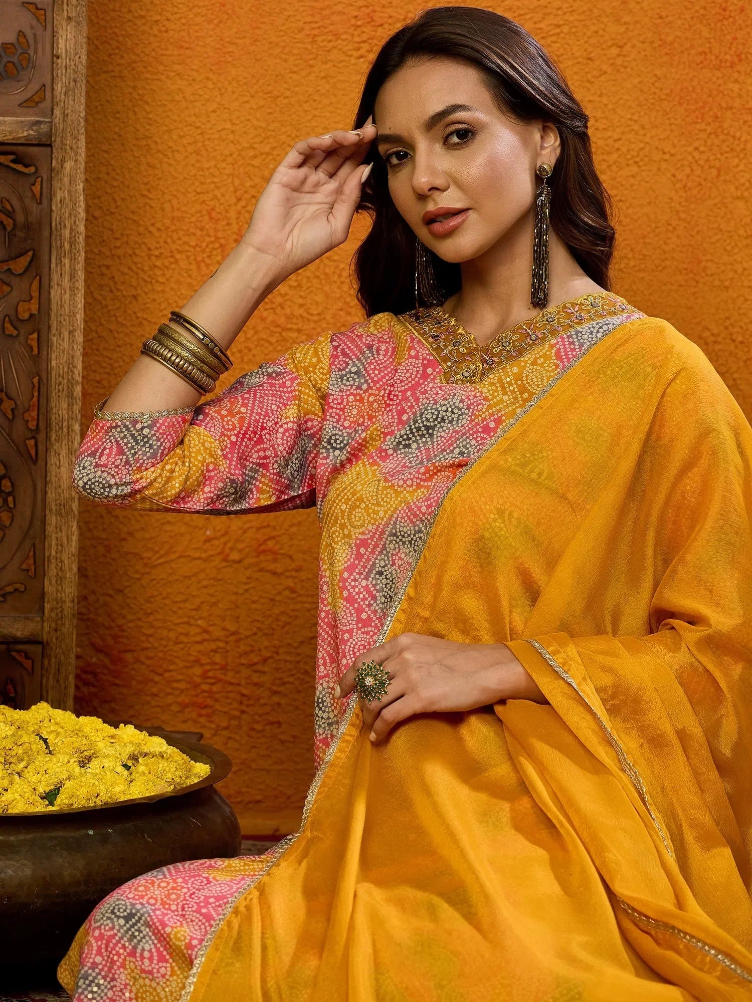 Yellow Cotton Blend Kurta Pant Set with Dupatta | Women's