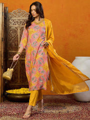 Women Yellow Cotton Blend Printed Straight Kurta Pant Set With Dupatta