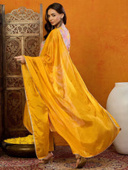 Women Yellow Cotton Blend Printed Straight Kurta Pant Set With Dupatta