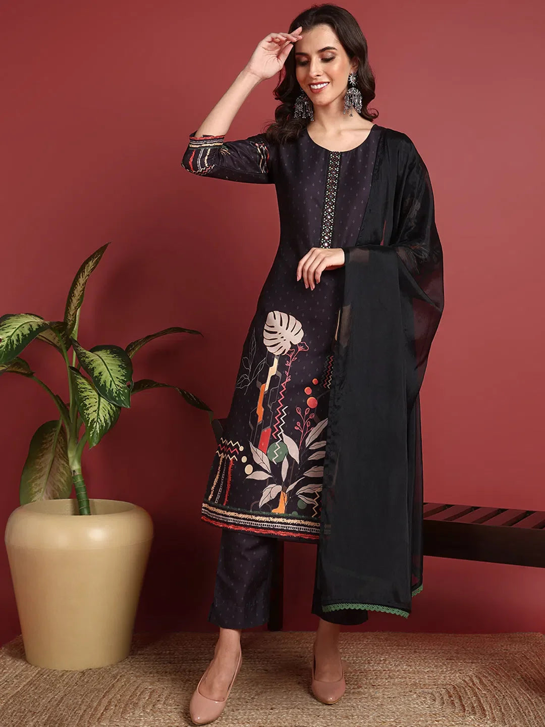 Polyester Abstract Black Indian Ethnic-PKSKD2445