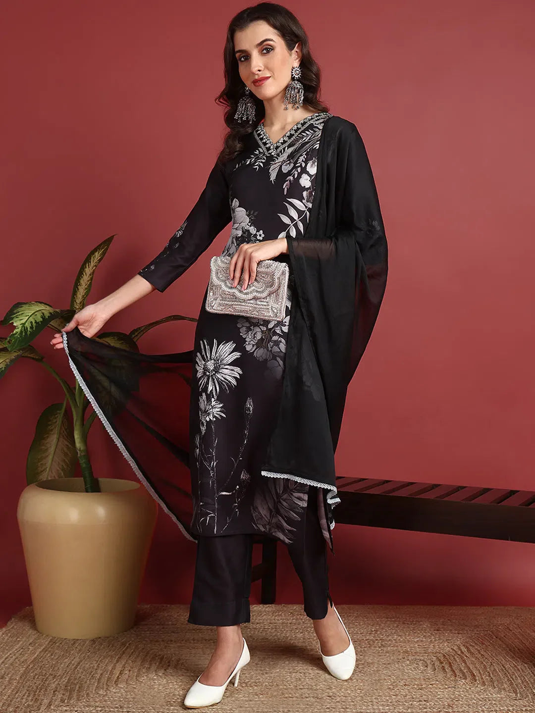 Black Floral Kurti Set - Ethnic Lehenga Choli for Women