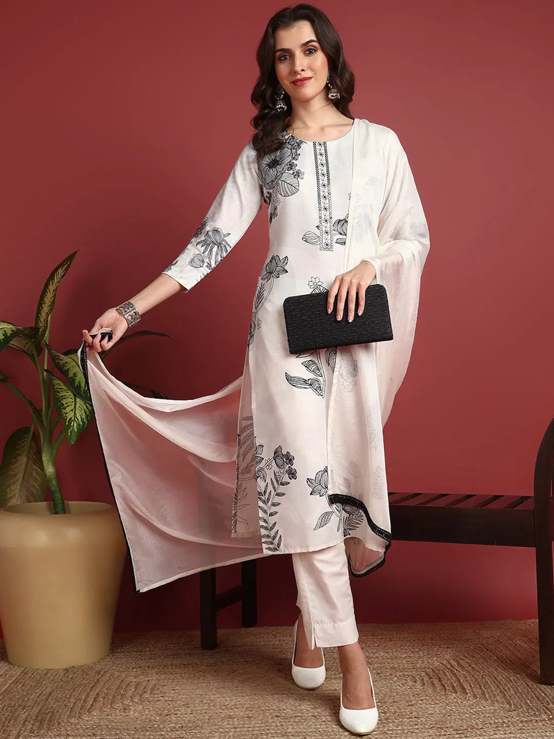 White Floral Polyester Kurti Set | Designer Lehenga Choli Online