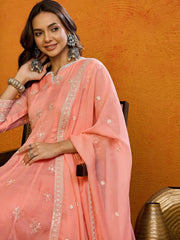 Women Blue Organza Embroidered Anarkali Kurta Pant Set With Dupatta