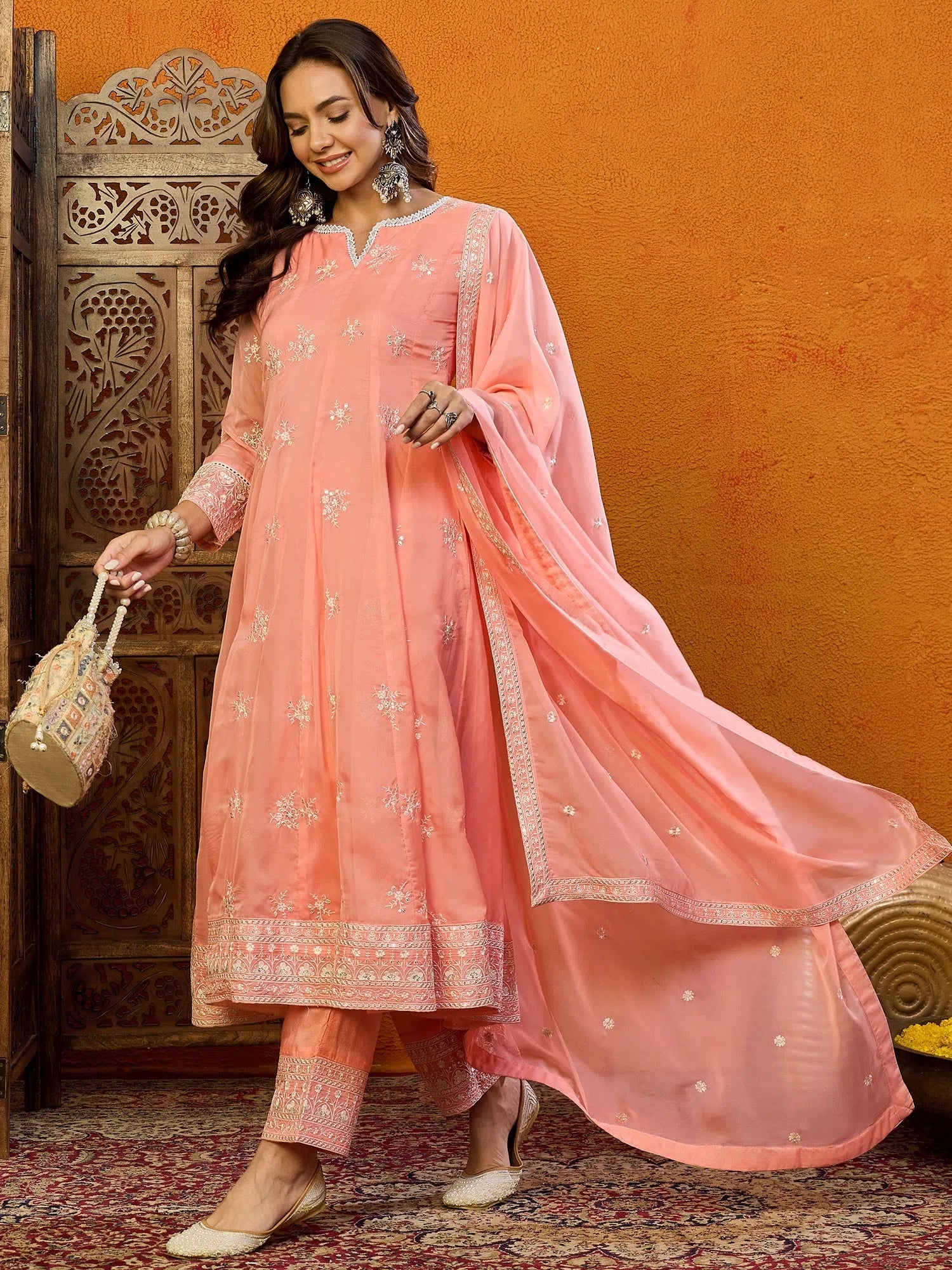 Blue Organza Anarkali Kurta Pant Set with Dupatta