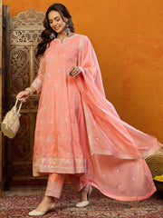 Women Blue Organza Embroidered Anarkali Kurta Pant Set With Dupatta