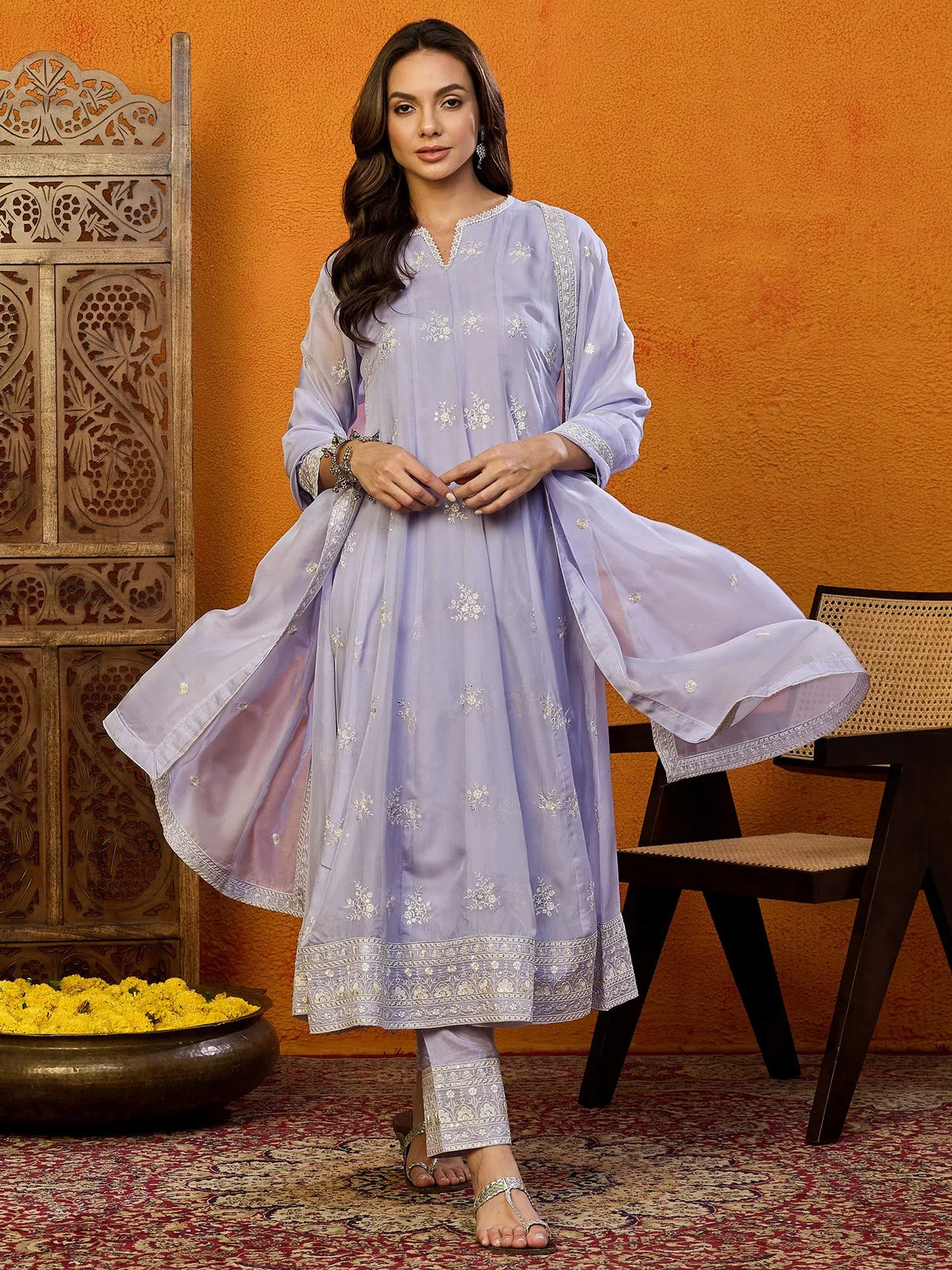 Women Maroon Organza Embroidered Anarkali Kurta Pant Set With Dupatta