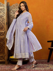 Women Maroon Organza Embroidered Anarkali Kurta Pant Set With Dupatta
