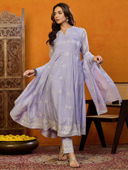 Women Maroon Organza Embroidered Anarkali Kurta Pant Set With Dupatta