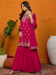 Women Georgette Embroidered Straight Kurta Sharara Set With Dupatta