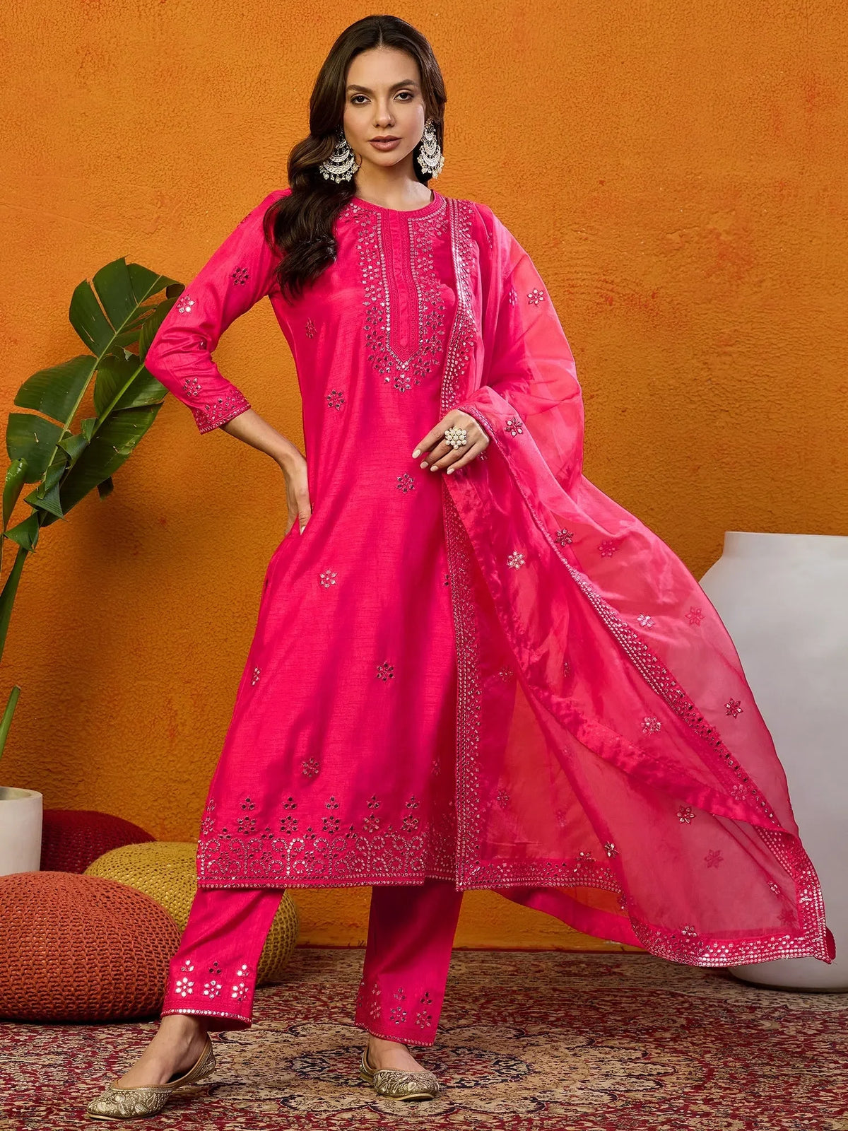 Women Blend Embroidered Straight Kurta Pant Set With Dupatta