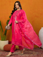 Women Blend Embroidered Straight Kurta Pant Set With Dupatta