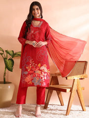 Women Red Silk Blend Floral Printed Straight Kurta Trousers With Dupatta-PKSKD2455