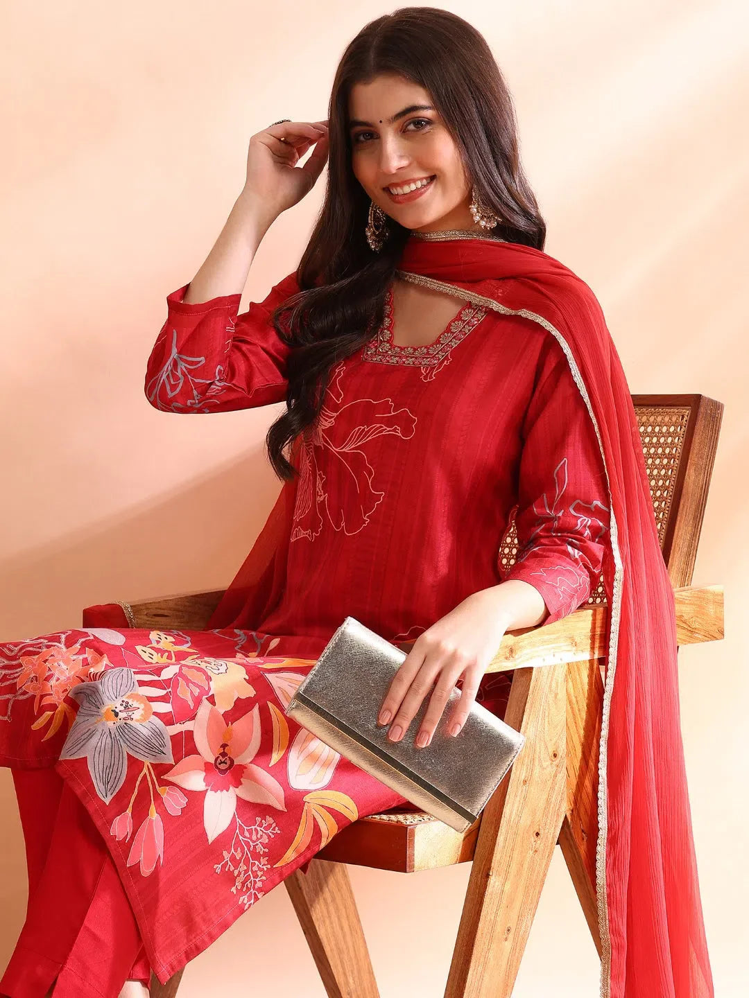 Red Floral Kurta Set with Dupatta | Women's Indian Kurta Sets