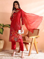 Women Red Silk Blend Floral Printed Straight Kurta Trousers With Dupatta-PKSKD2455