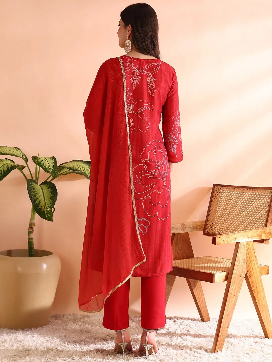 Red Floral Kurta Set with Dupatta | Women's Indian Kurta Sets