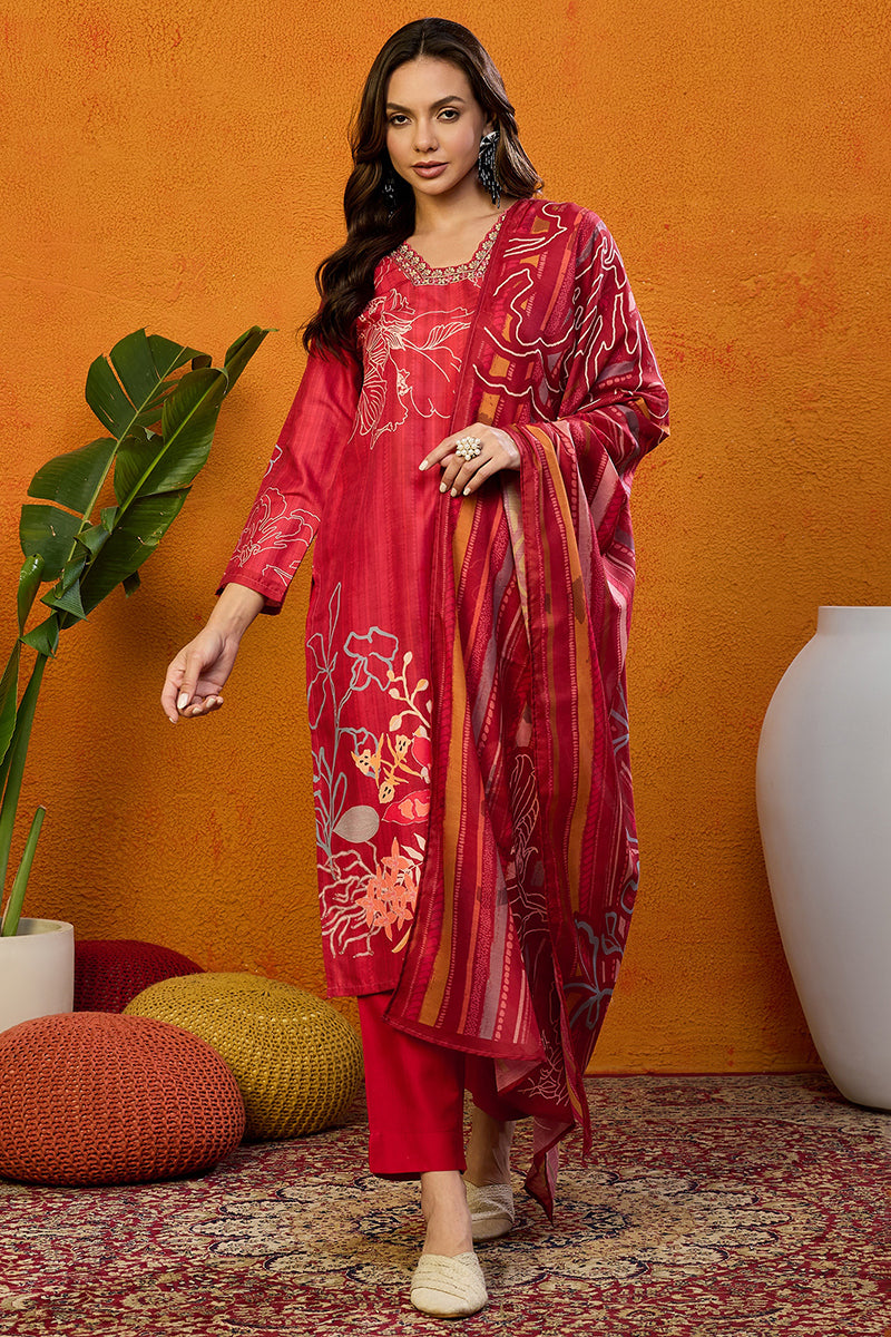 Red Silk Blend Floral Printed Straight Suit Set PKSKD2458 | DesiQlo