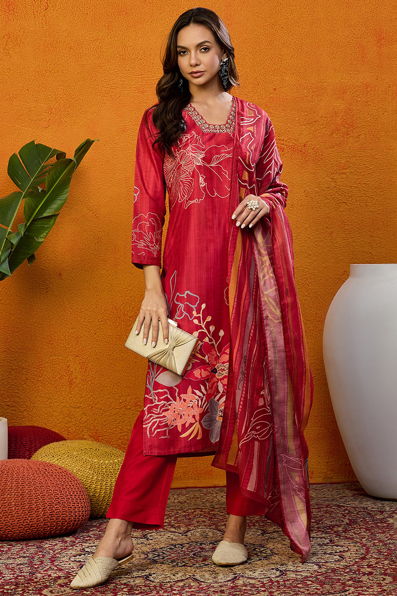 Red Silk Blend Floral Printed Straight Suit Set PKSKD2458 | DesiQlo