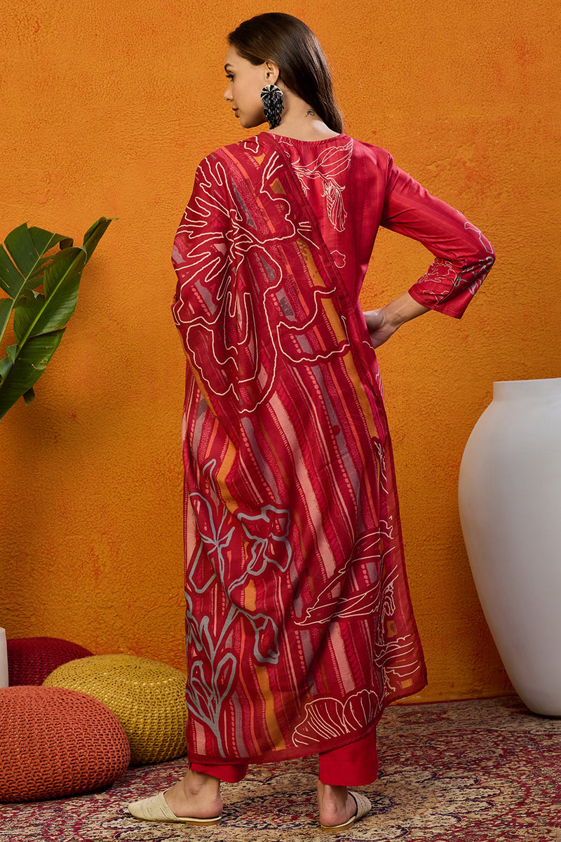 Red Silk Blend Floral Printed Straight Suit Set PKSKD2458 | DesiQlo