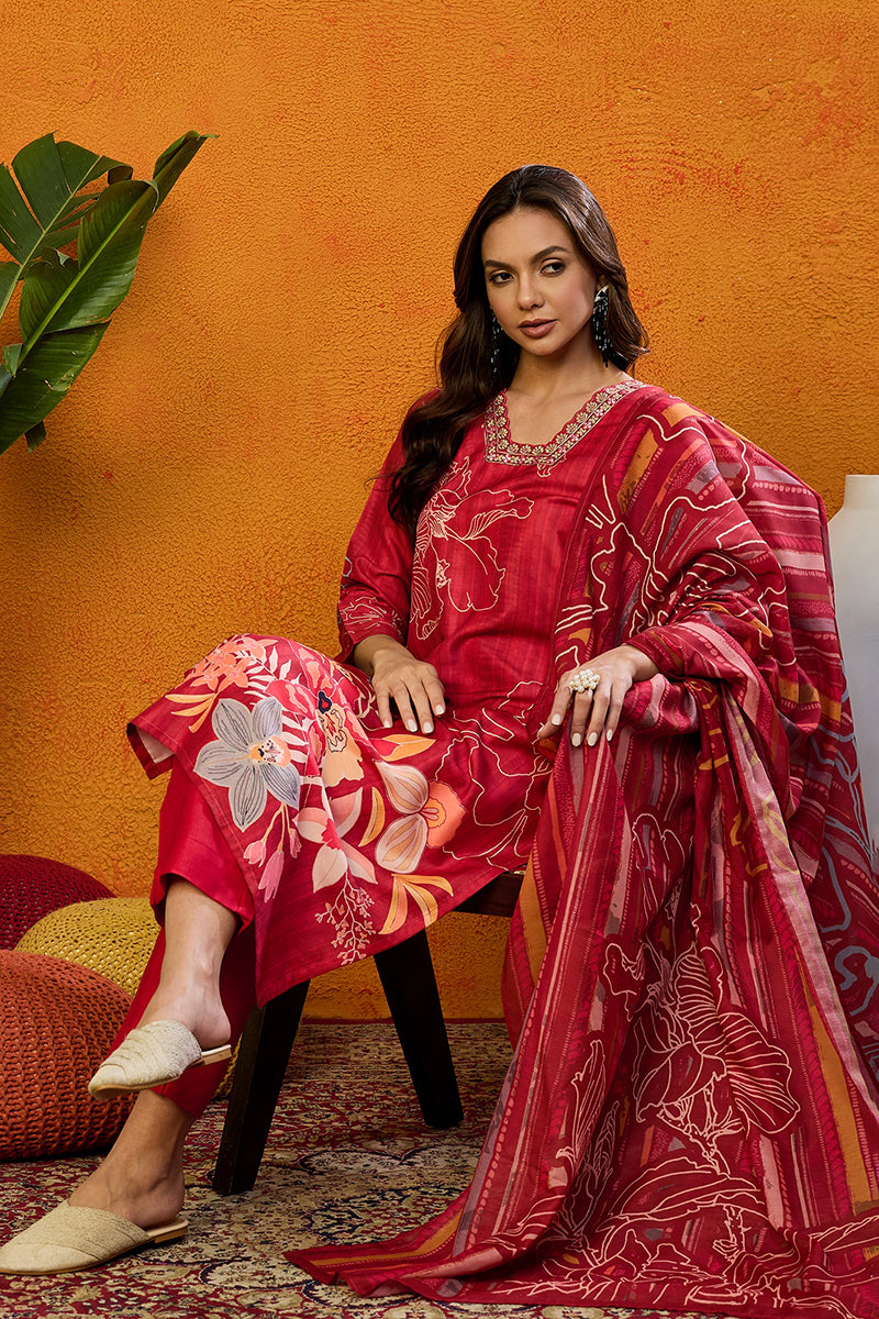 Red Silk Blend Floral Printed Straight Suit Set PKSKD2458 | DesiQlo