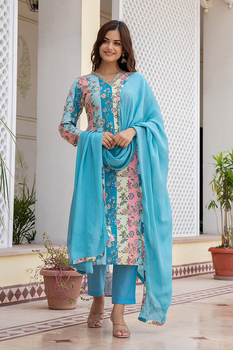 Multi Color Rayon Blend Floral Printed Straight Suit Set PKSKD2461 | D
