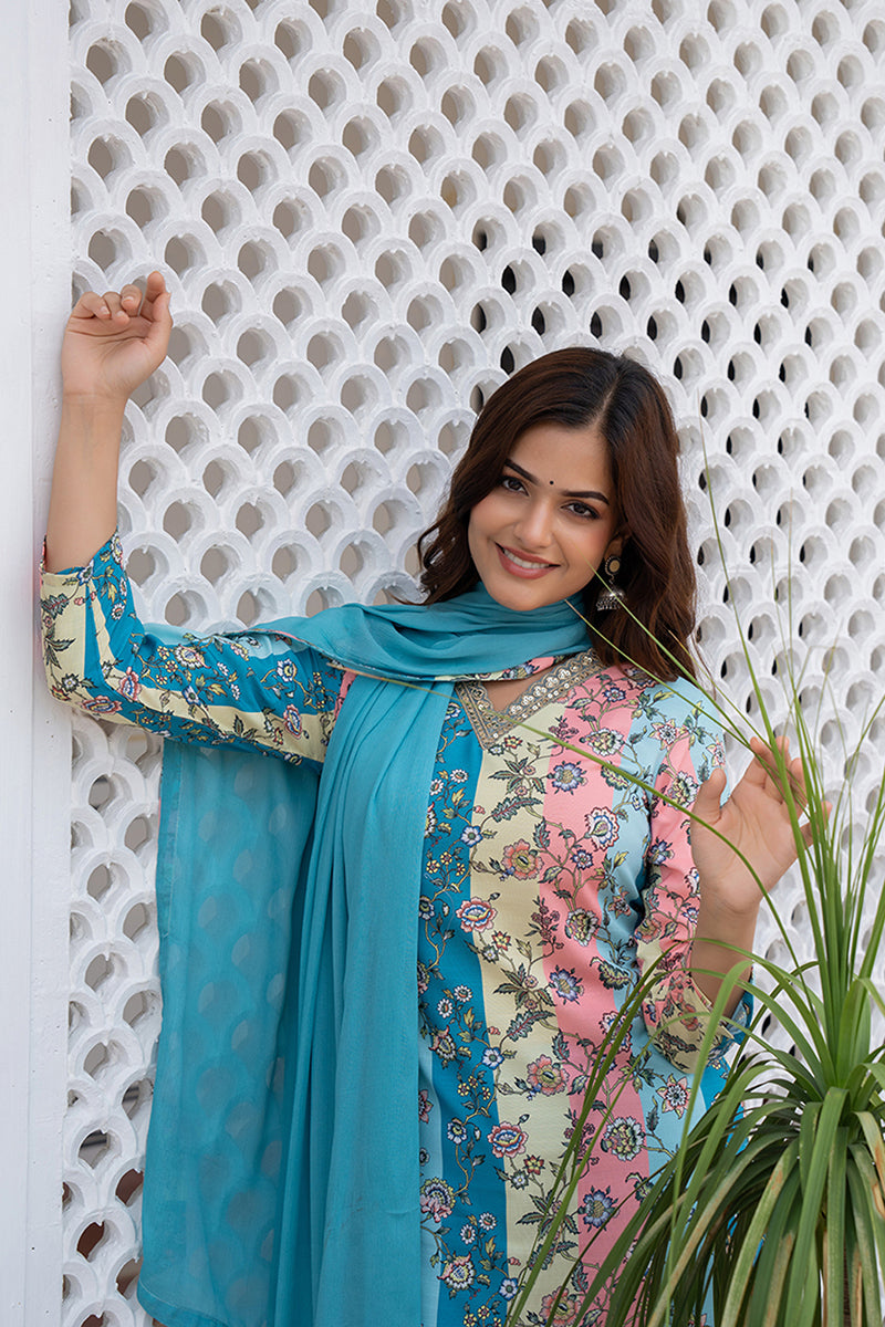 Multi Color Rayon Blend Floral Printed Straight Suit Set PKSKD2461 | D