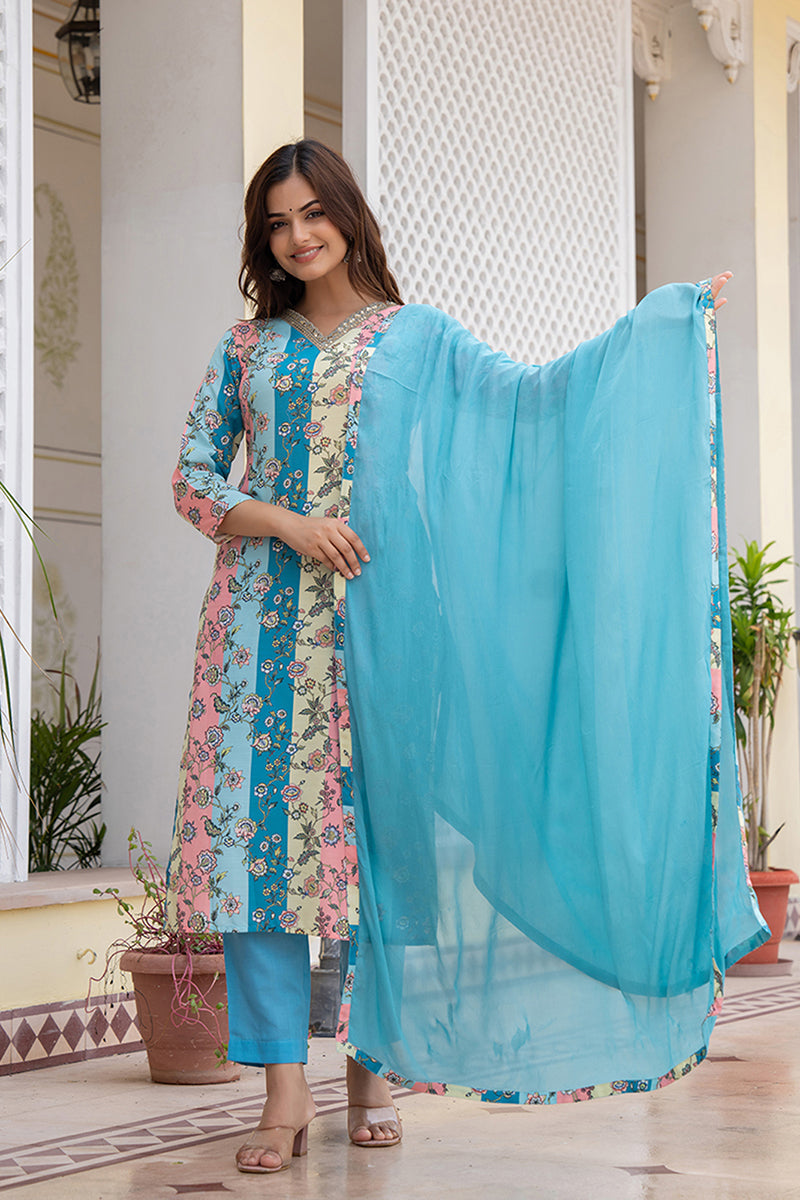 Multi Color Rayon Blend Floral Printed Straight Suit Set PKSKD2461 | D