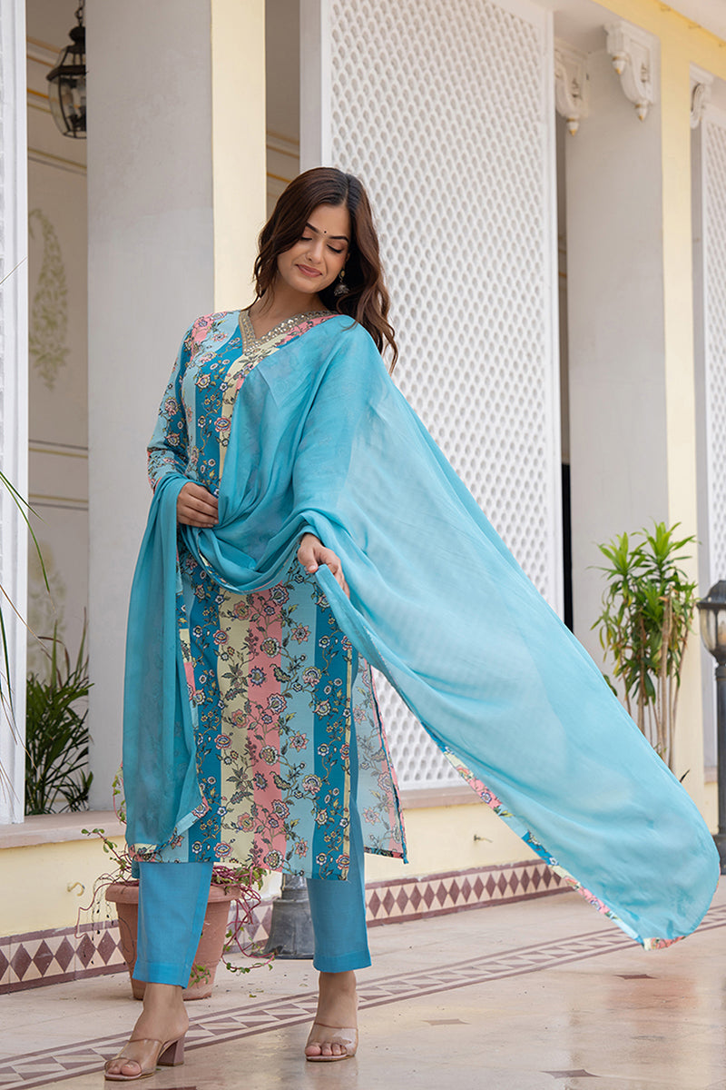 Multi Color Rayon Blend Floral Printed Straight Suit Set PKSKD2461 | D