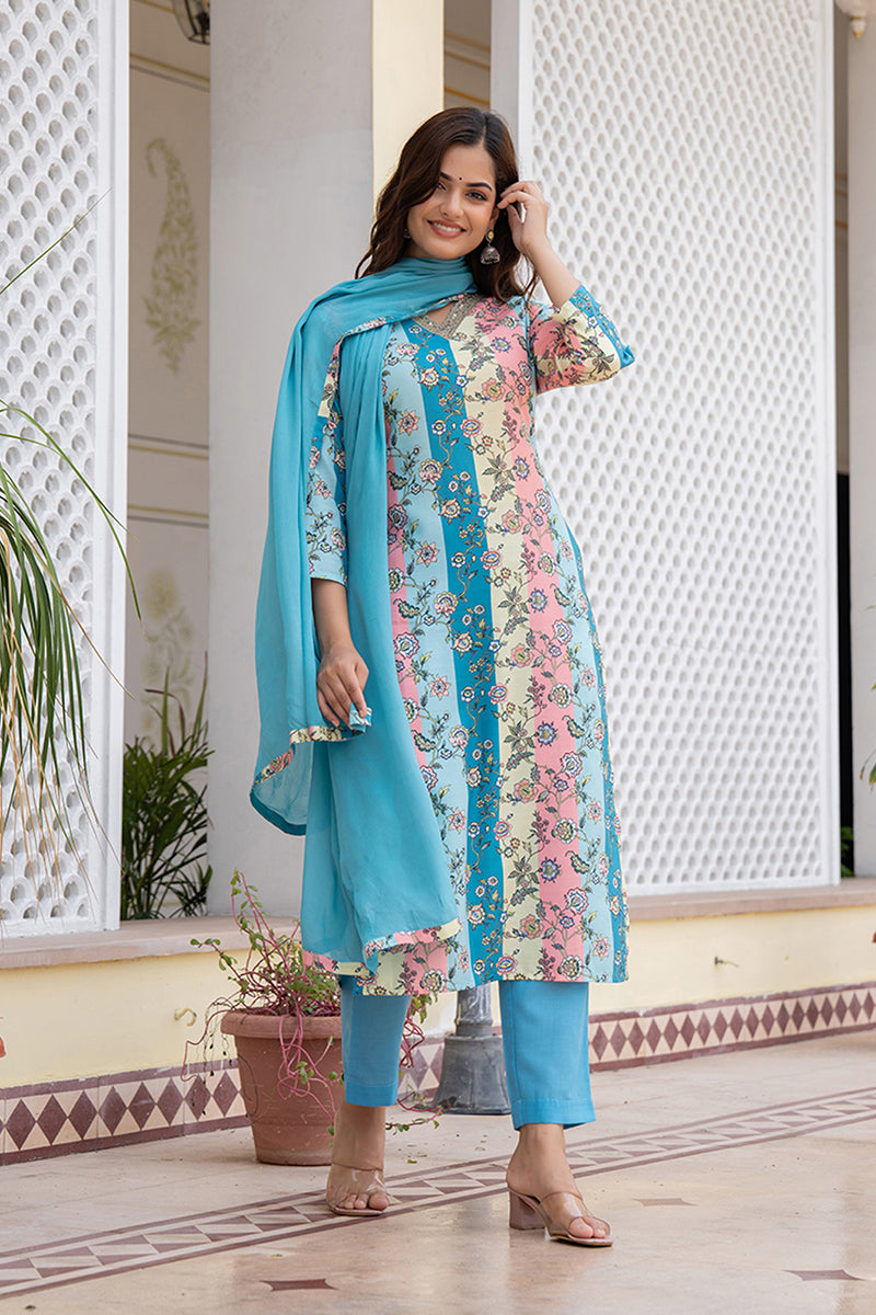 Multi Color Rayon Blend Floral Printed Straight Suit Set PKSKD2461 | D