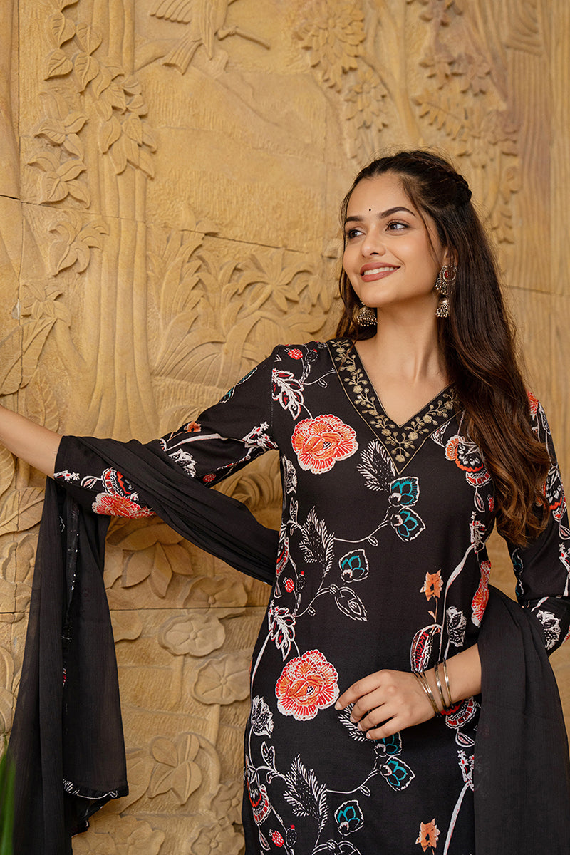 Black Rayon Blend Floral Printed Straight Suit Set PKSKD2466 | DesiQlo