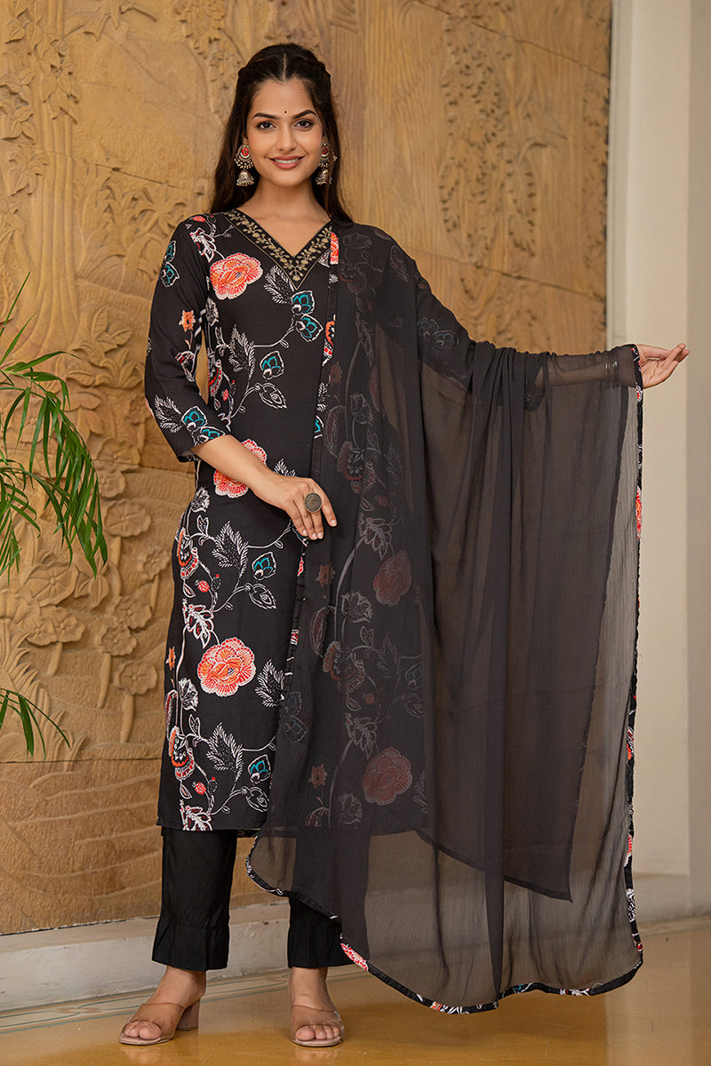 Black Rayon Blend Floral Printed Straight Suit Set PKSKD2466 | DesiQlo