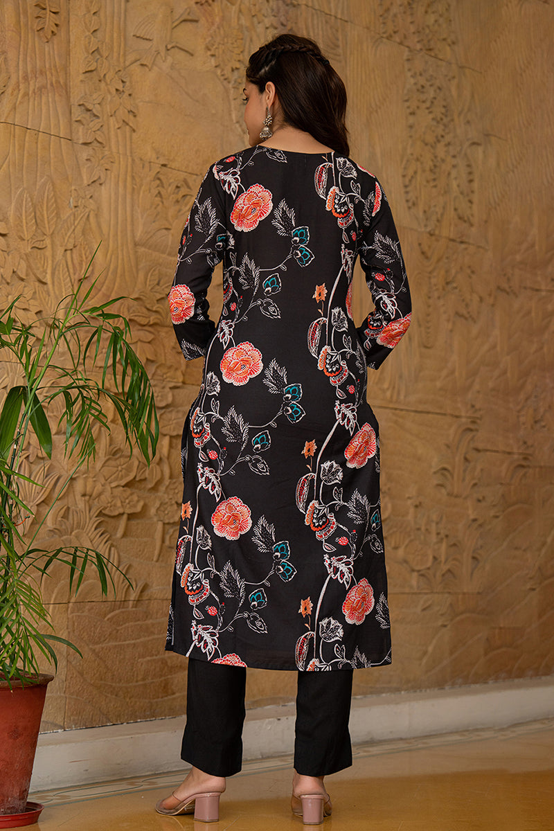 Black Rayon Blend Floral Printed Straight Suit Set PKSKD2466 | DesiQlo