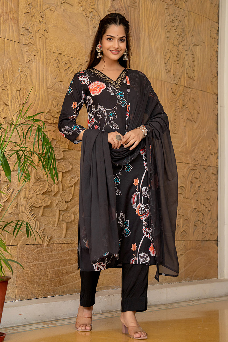 Black Rayon Blend Floral Printed Straight Suit Set PKSKD2466 | DesiQlo