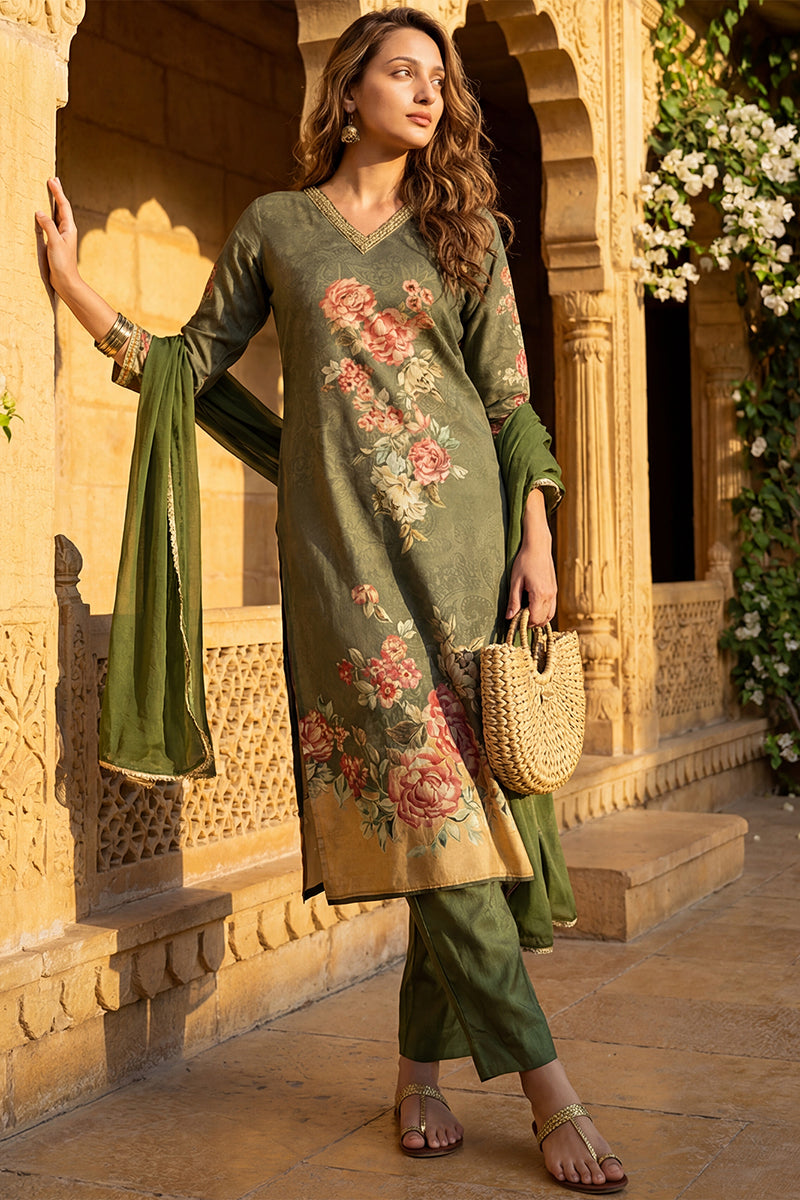 Olive Rayon Blend Floral Printed Straight Suit Set PKSKD2468 | DesiQlo
