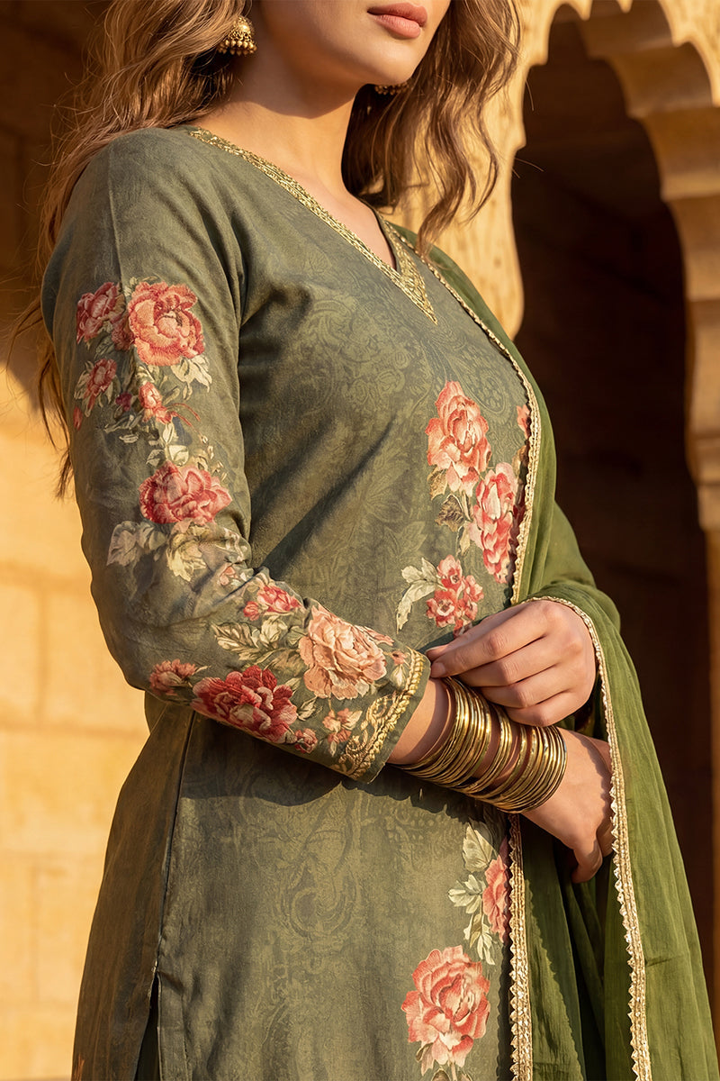 Olive Rayon Blend Floral Printed Straight Suit Set PKSKD2468 | DesiQlo