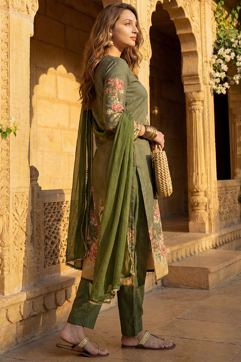 Olive Rayon Blend Floral Printed Straight Suit Set PKSKD2468 | DesiQlo