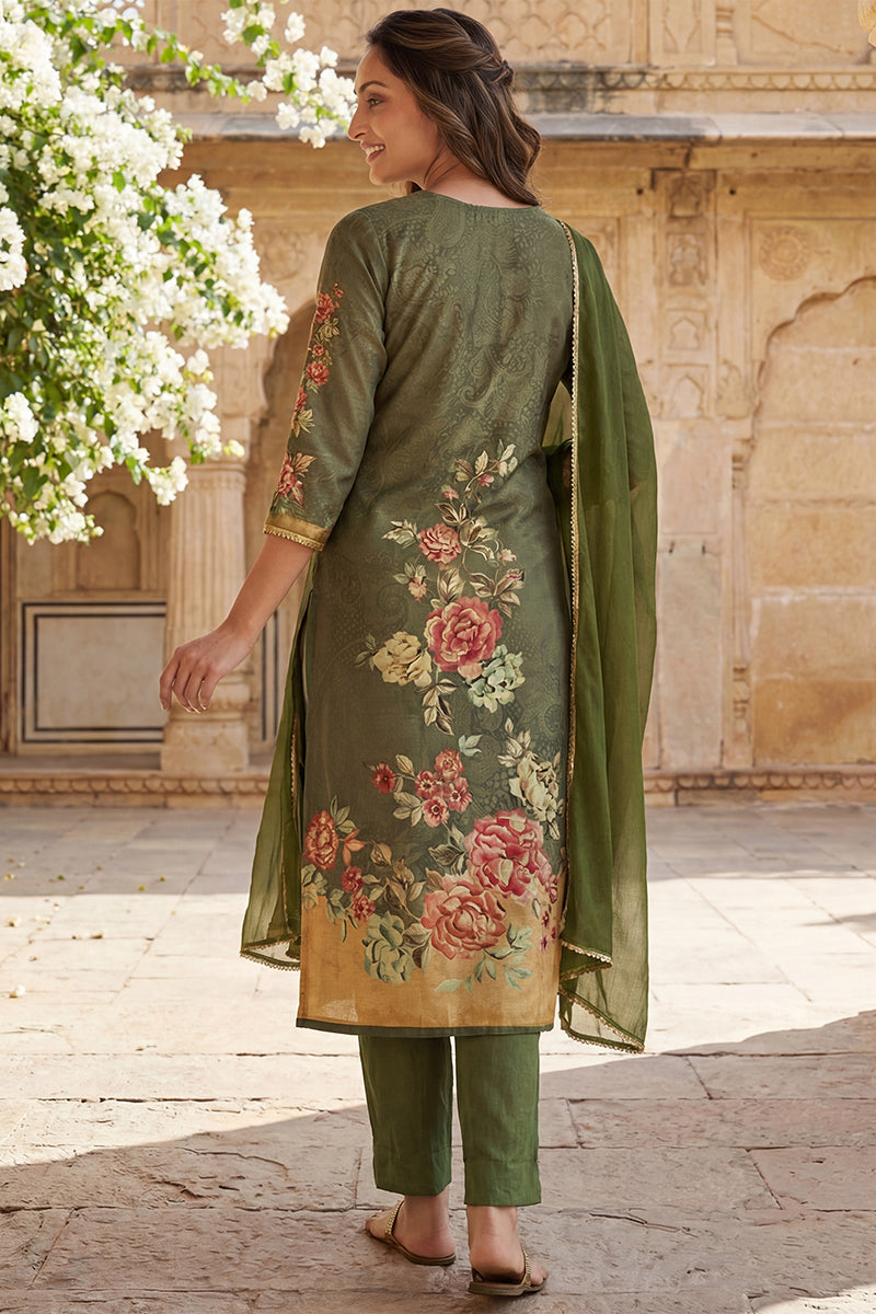 Olive Rayon Blend Floral Printed Straight Suit Set PKSKD2468 | DesiQlo