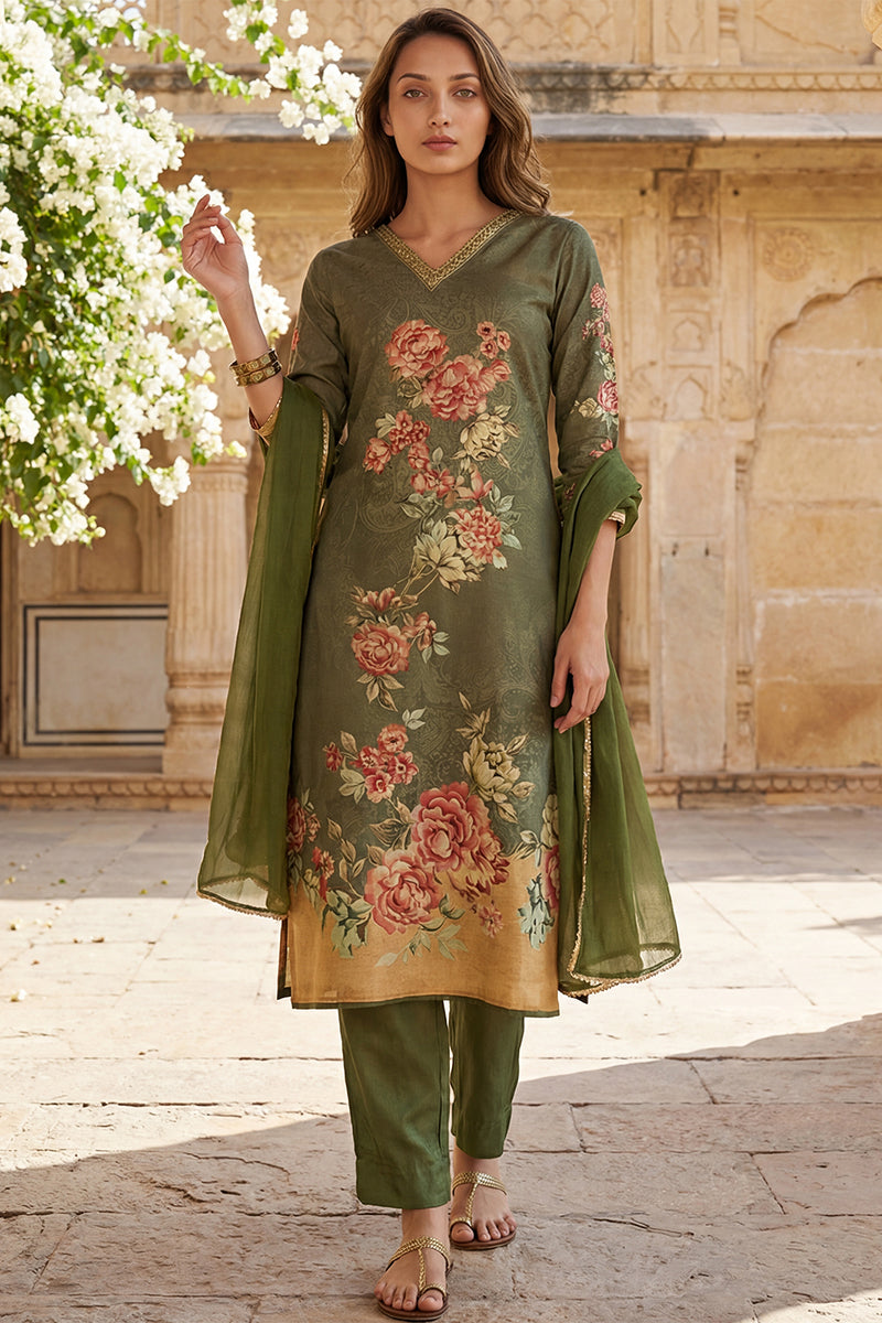 Olive Rayon Blend Floral Printed Straight Suit Set PKSKD2468 | DesiQlo