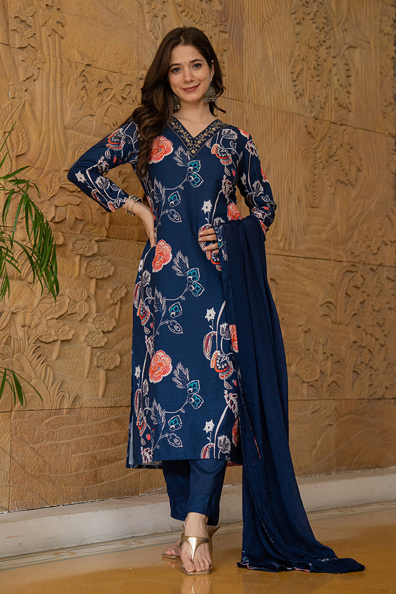 Navy Blue Rayon Blend Floral Printed Straight Suit Set PKSKD2469 | Des