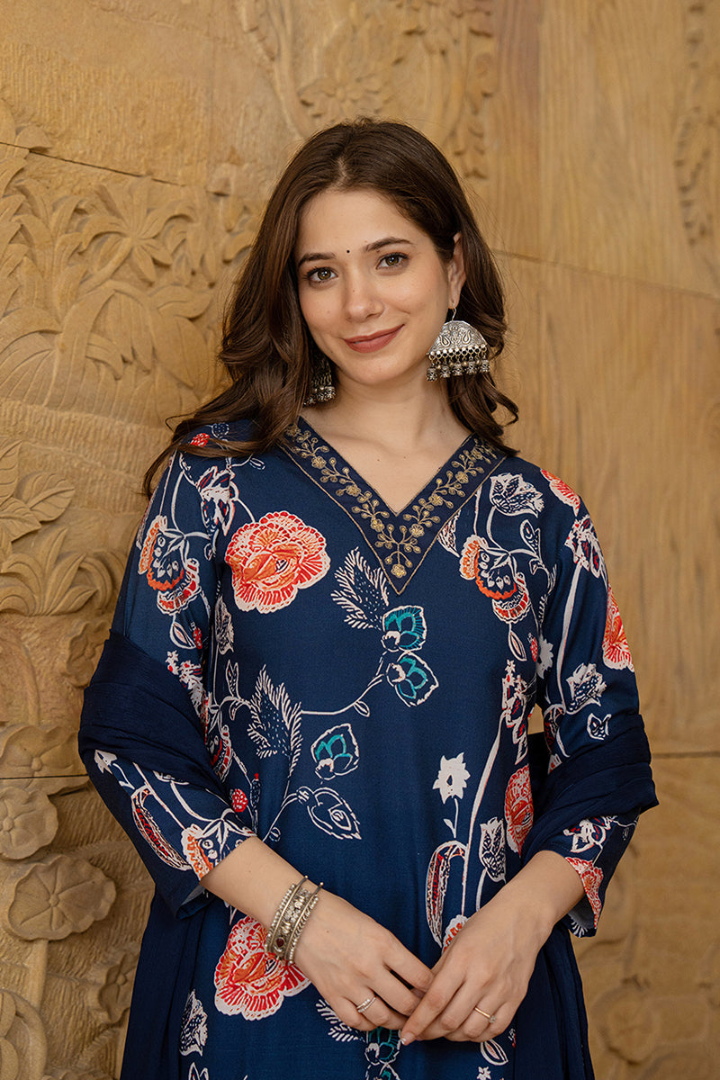 Navy Blue Rayon Blend Floral Printed Straight Suit Set PKSKD2469 | Des
