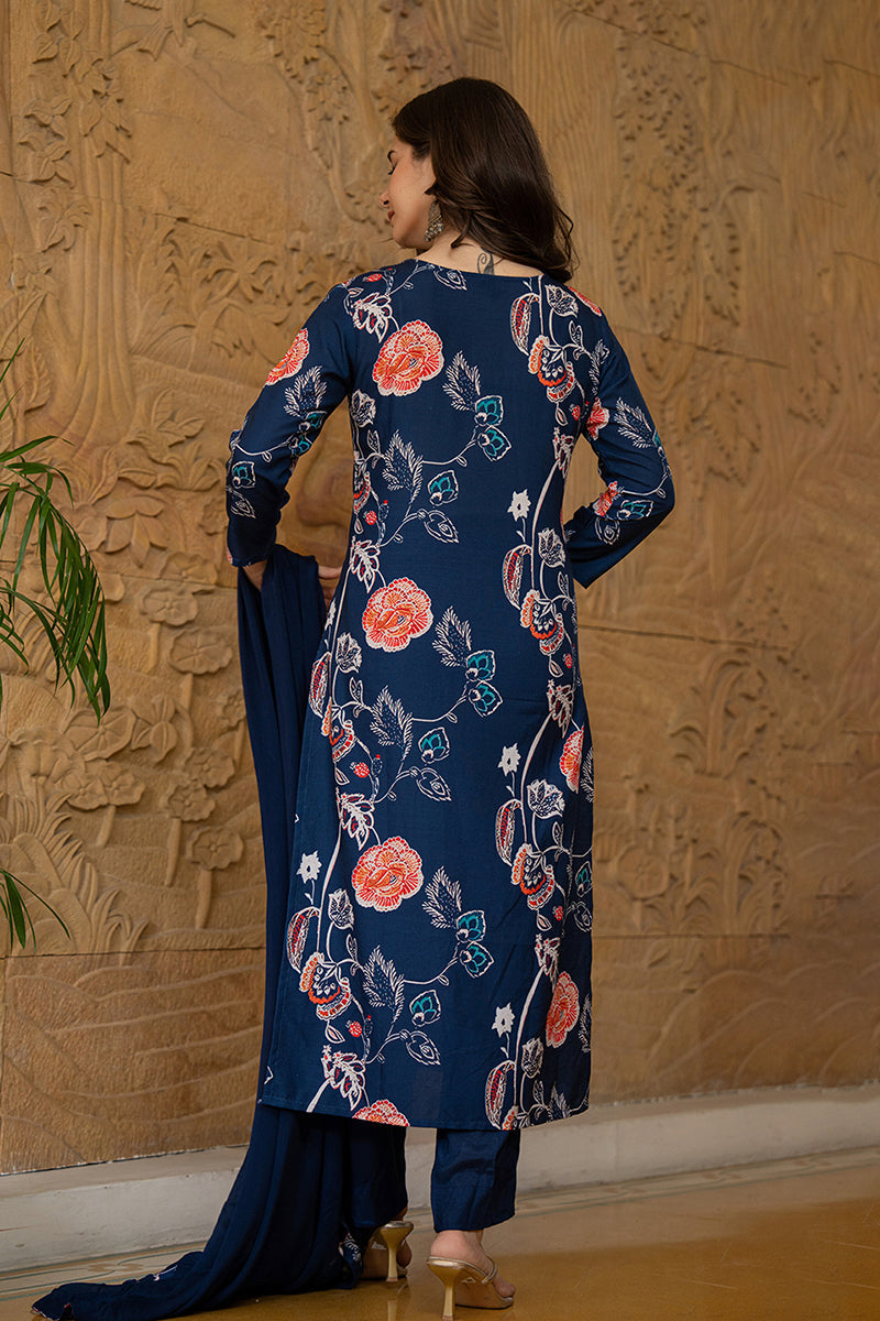 Navy Blue Rayon Blend Floral Printed Straight Suit Set PKSKD2469 | Des