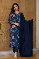 Navy Blue Rayon Blend Floral Printed Straight Suit Set PKSKD2469